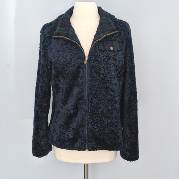 Women's Pendleton Fuzzy Zip Navy Plaid Fleece Jacket Medium Pockets Fall - Picture 1 of 10